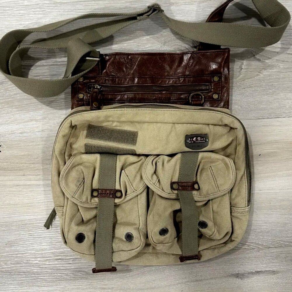 Y2K Diesel Cyber Techwear Leather&Canvas Bag Khaki Multipocket Utility Cargo Bag